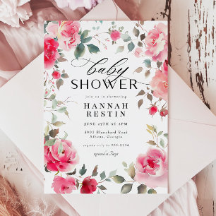 Elegant Pink Rose Floral Girl Baby Shower Invitation
