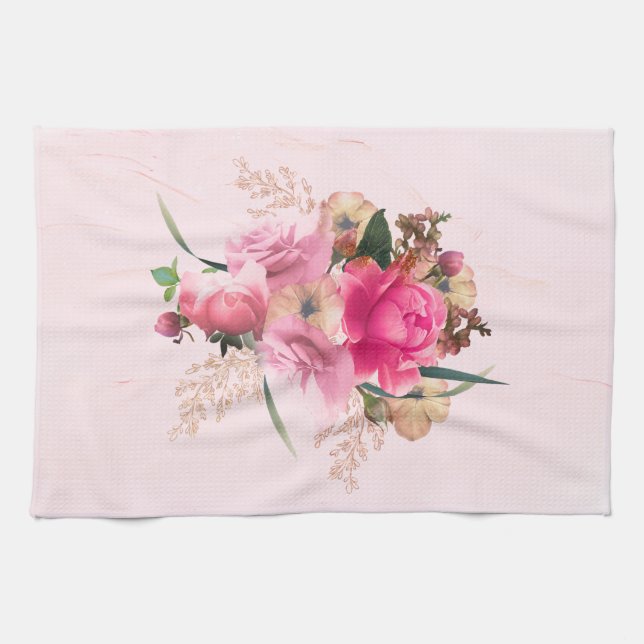 Elegant Pink Rose Floral Gold Bouquet Tea Towel (Horizontal)