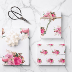 Elegant Pink Rose Floral Gold Bouquet Wrapping Paper Sheet
