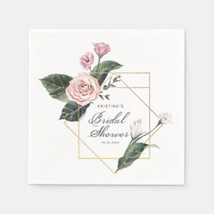 Elegant Pink Rose Floral Gold Frame Bridal Shower Napkin
