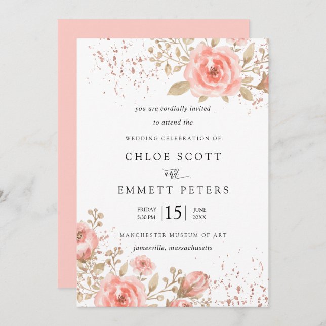 Elegant Pink Rose Floral Gold Leaves Invitation (Front/Back)