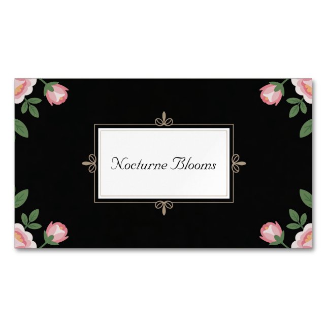Elegant Pink Rose Floral Gold Scroll Black Magnetic Business Card (Front)