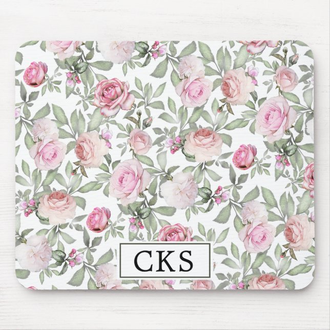 Elegant Pink Rose Floral Monogram Mouse Pad (Front)