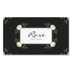 Elegant Pink Rose Floral on Black Magnetic Business Card