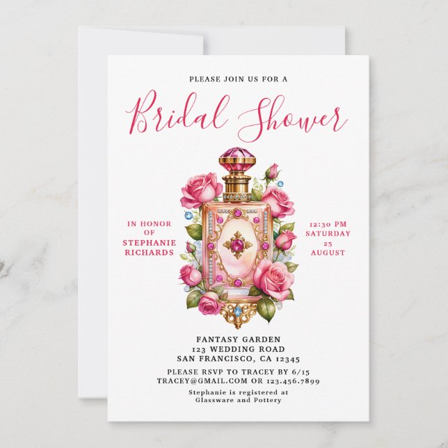 Elegant Pink Rose Floral Perfume Bridal Shower  Invitation (Front)