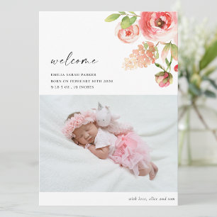 Elegant Pink Rose Floral Photo Baby Birth Announcement