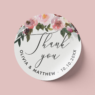 Elegant pink rose. Floral script wedding thank you Classic Round Sticker
