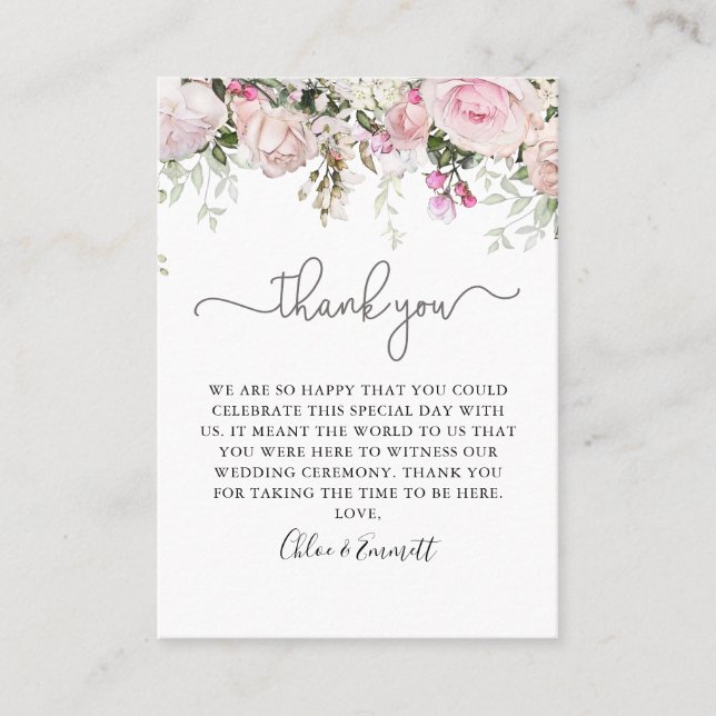 Elegant Pink Rose Floral Wedding Thank You Place Card (Front)