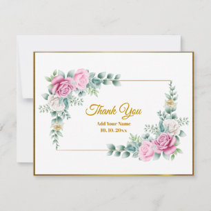 Elegant Pink Rose Floral with Thank You Gold Frame Card
