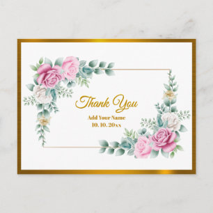 Elegant Pink Rose Floral with Thank You Gold Frame Postcard