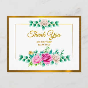 Elegant Pink Rose Floral with Thank You Gold Frame Postcard