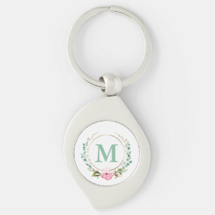 Elegant Pink Rose Floral Wreath with Your Monogram Key Ring