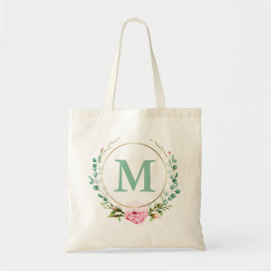 Elegant Pink Rose Floral Wreath Your Monogram Tote Bag