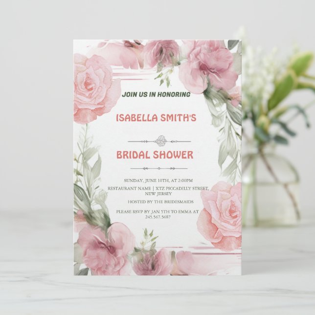 Elegant Pink Rose Flower bridal Shower Invitation (Standing Front)