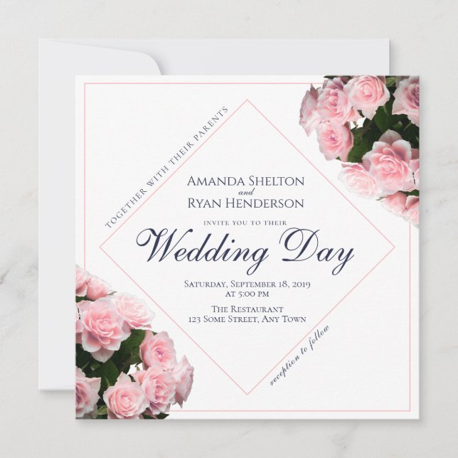 Elegant Pink Rose Flowers Floral Wedding Invitation (Front)