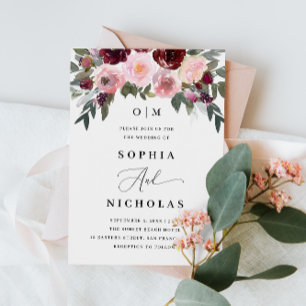 Elegant pink rose flowers. Garden floral wedding Invitation