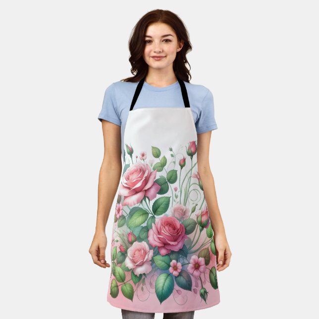 Elegant Pink Rose Garden Apron (Worn)