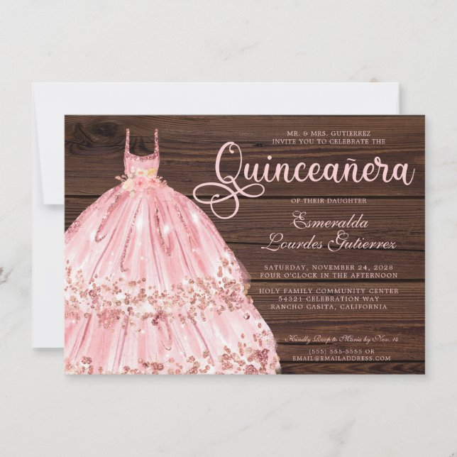 Elegant Pink Rose Glitter Wood Quinceañera Invitation (Front)