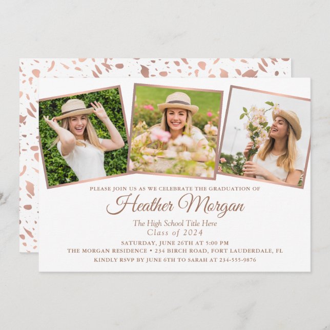 Elegant Pink Rose Gold 3 Photo Graduation Party Invitation (Front/Back)