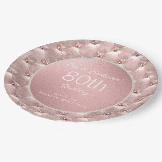 Elegant Pink Rose Gold 80th Birthday Paper Plate (Angled)