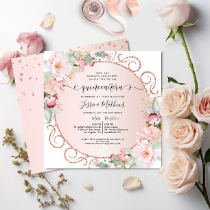 Elegant Pink, Rose Gold, Blush Floral Quinceanera Invitation