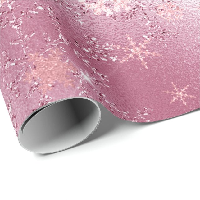 Elegant Pink Rose Gold Christmas Snowflake Pattern Wrapping Paper (Roll Corner)