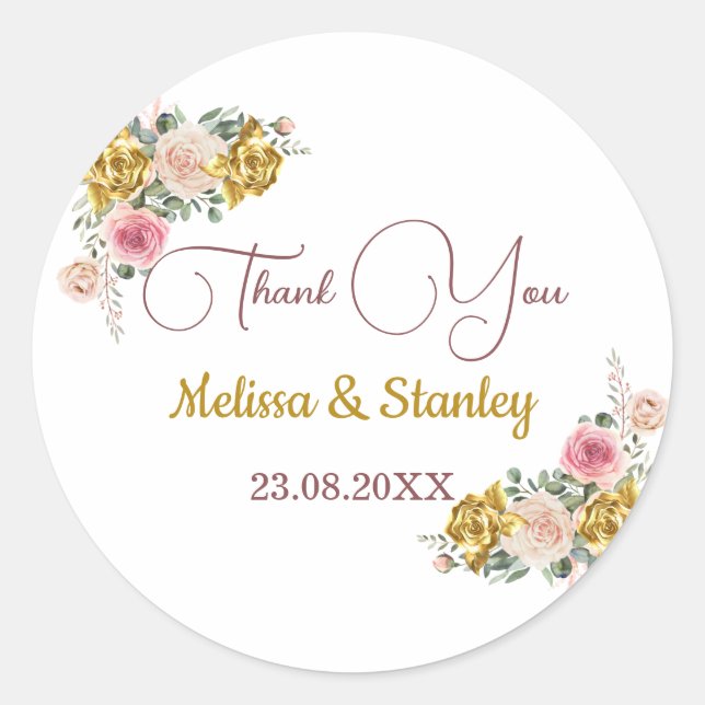 Elegant Pink, Rose Gold Eucalyptus Floral Wedding Classic Round Sticker (Front)