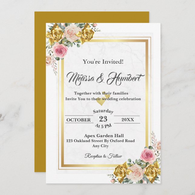 Elegant Pink, Rose Gold Eucalyptus Floral Wedding  Invitation (Front/Back)