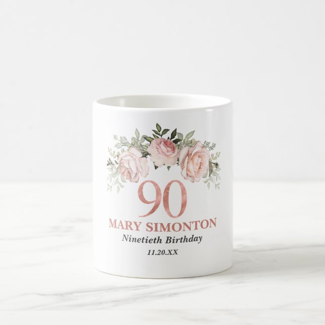 Elegant Pink Rose Gold Floral 90th Birthday  Coffee Mug (Center)