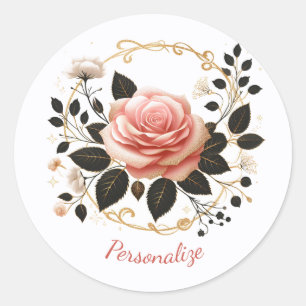 Elegant Pink Rose & Gold Floral Art Personalize Classic Round Sticker