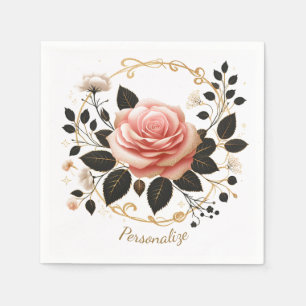 Elegant Pink Rose & Gold Floral Art Personalize Napkin