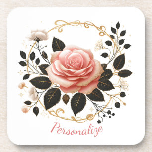 Elegant Pink Rose & Gold Floral Art Personanalize Coaster