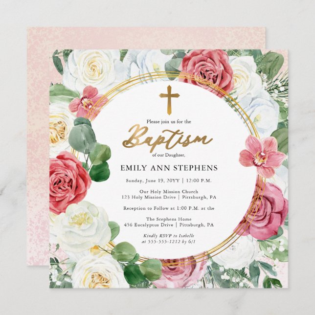 Elegant Pink Rose | Gold Floral Frame Girl Baptism Invitation (Front/Back)