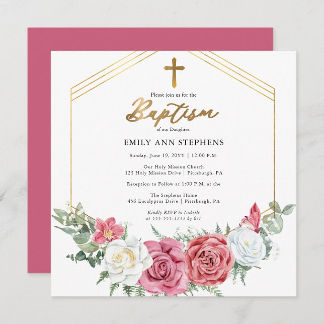 Elegant Pink Rose | Gold Floral Frame Girl Baptism Invitation (Front/Back)