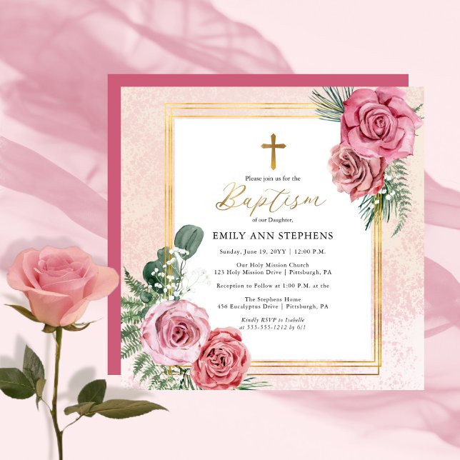 Elegant Pink Rose |Gold Floral Frame Girl Baptism Invitation (Creator Uploaded)