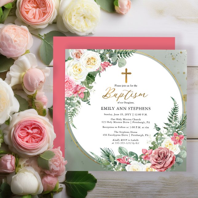 Elegant Pink Rose |Gold Floral Frame Girl Baptism  Invitation (Elegant Pink Rose and Gold Tone Frame Baptism Invitation - Print | Digital Download)