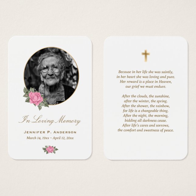 Elegant Pink Rose Gold Floral Memorial Cards (Front & Back)