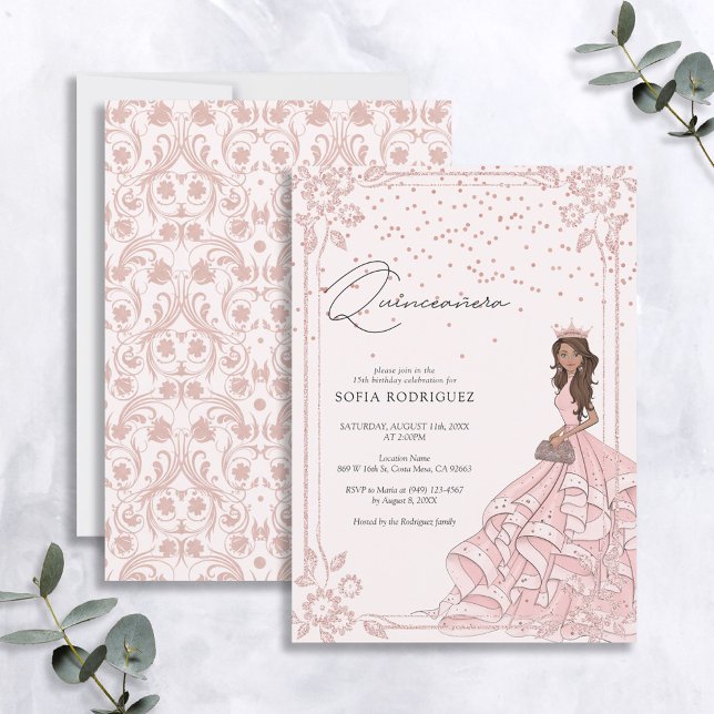 Elegant Pink Rose Gold Floral Quinceanera Birthday Invitation (Creator Uploaded)