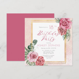 Elegant Pink Rose   Gold Frame 18th Birthday Party Invitation
