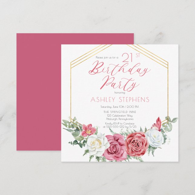 Elegant Pink Rose | Gold Frame 21st Birthday Party Invitation (Front/Back)