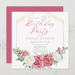 Elegant Pink Rose   Gold Frame 21st Birthday Party Invitation