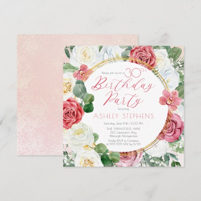 Elegant Pink Rose | Gold Frame 30th Birthday Party Invitation (Front/Back)