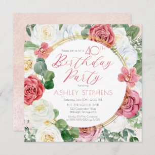 Elegant Pink Rose   Gold Frame 40th Birthday Party Invitation