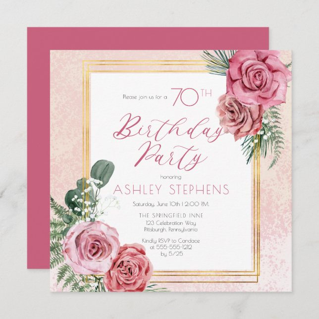 Elegant Pink Rose |Gold Frame 70th Birthday Party  Invitation (Front/Back)