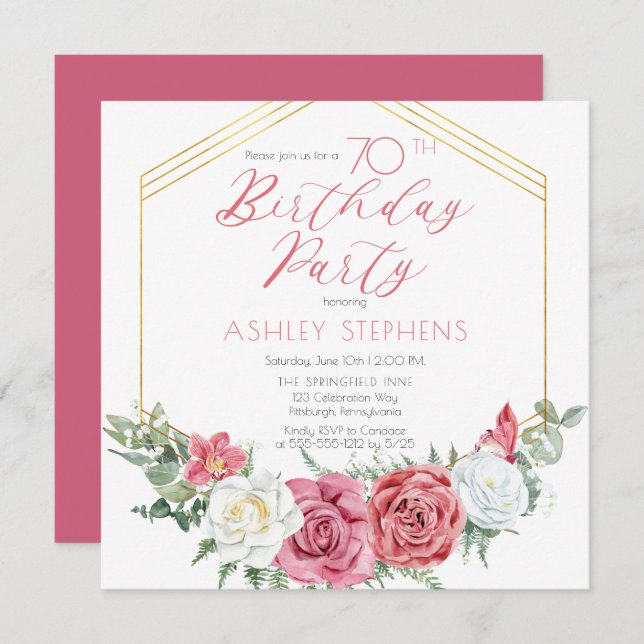 Elegant Pink Rose | Gold Frame 70th Birthday Party Invitation (Front/Back)