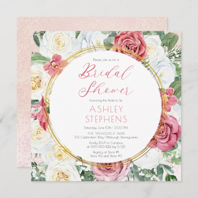 Elegant Pink Rose | Gold Frame Bridal Shower Invit Invitation (Front/Back)