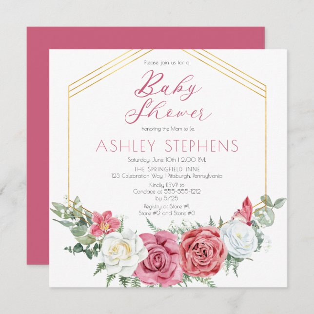 Elegant Pink Rose | Gold Frame Girl Baby Shower Invitation (Front/Back)