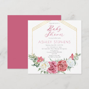 Elegant Pink Rose   Gold Frame Girl Baby Shower Invitation