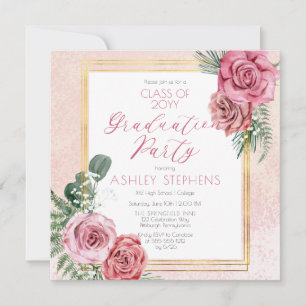 Elegant Pink Rose   Gold Frame Graduation Party Invitation