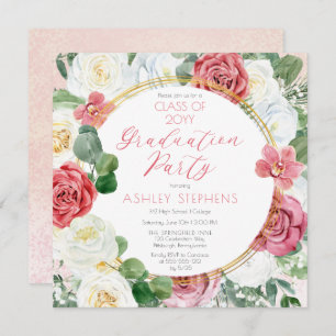 Elegant Pink Rose   Gold Frame Graduation Party Invitation